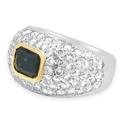 Platinum and 18 Karat Yellow Gold Emerald Cut Sapphire and Pave Diamond Ring