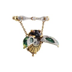 Platinum and 18 Karat Yellow Gold Enamel Beetle Pendant Clock