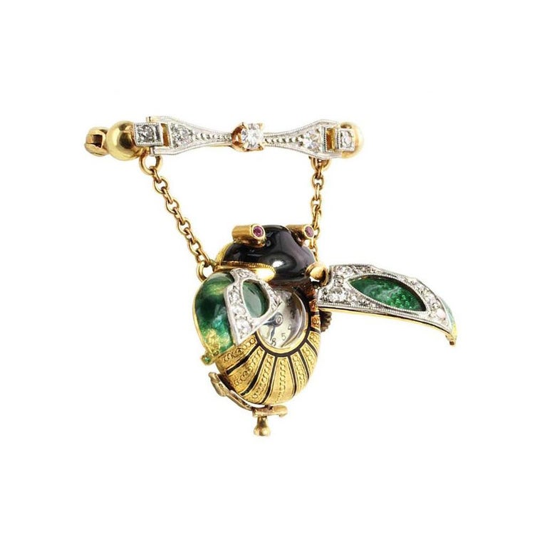 Platinum and 18 Karat Yellow Gold Enamel Beetle Pendant Clock For Sale ...