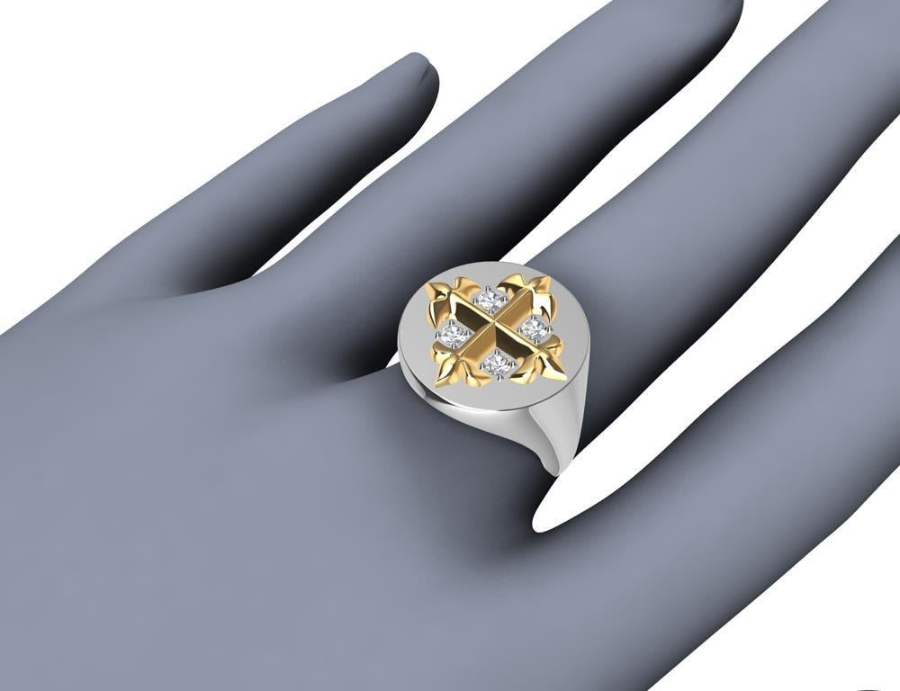 For Sale:  Platinum and 18 Karat Yellow Gold Fleur-di-Lis GIA Diamonds Cross Signet Ring 11