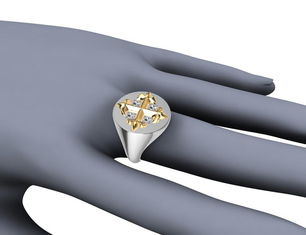 For Sale:  Platinum and 18 Karat Yellow Gold Fleur-di-Lis GIA Diamonds Cross Signet Ring 12