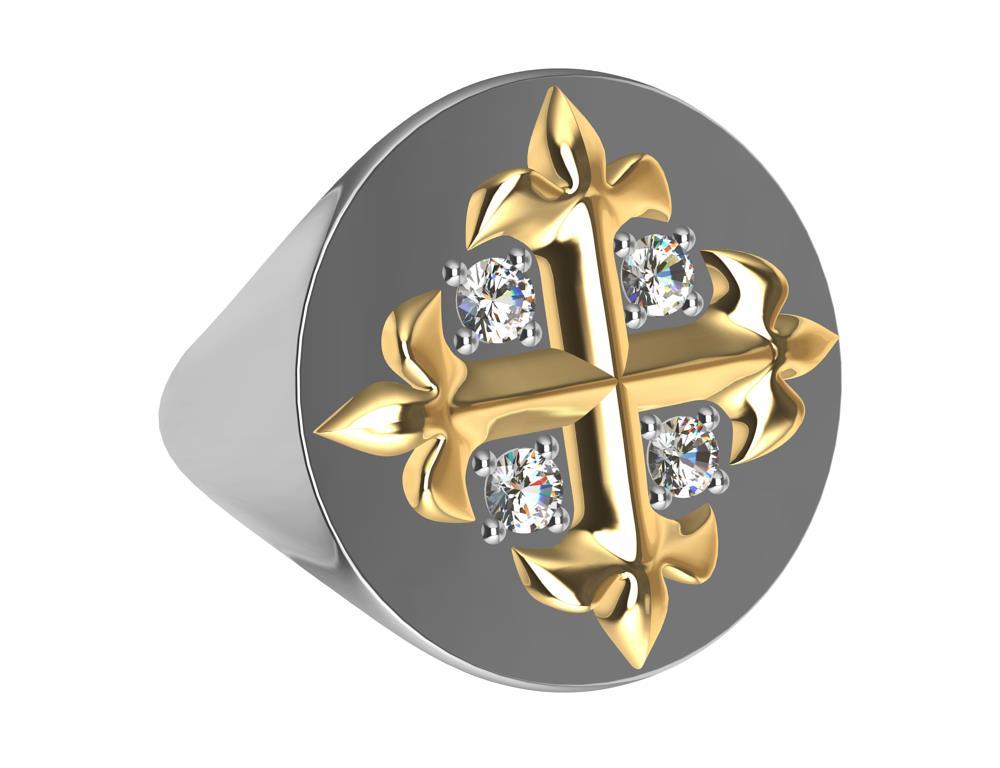 For Sale:  Platinum and 18 Karat Yellow Gold Fleur-di-Lis GIA Diamonds Cross Signet Ring 2