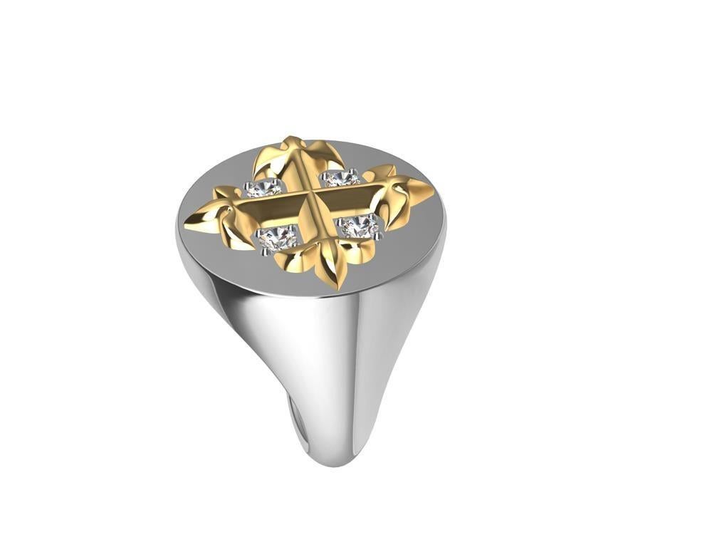 For Sale:  Platinum and 18 Karat Yellow Gold Fleur-di-Lis GIA Diamonds Cross Signet Ring 4