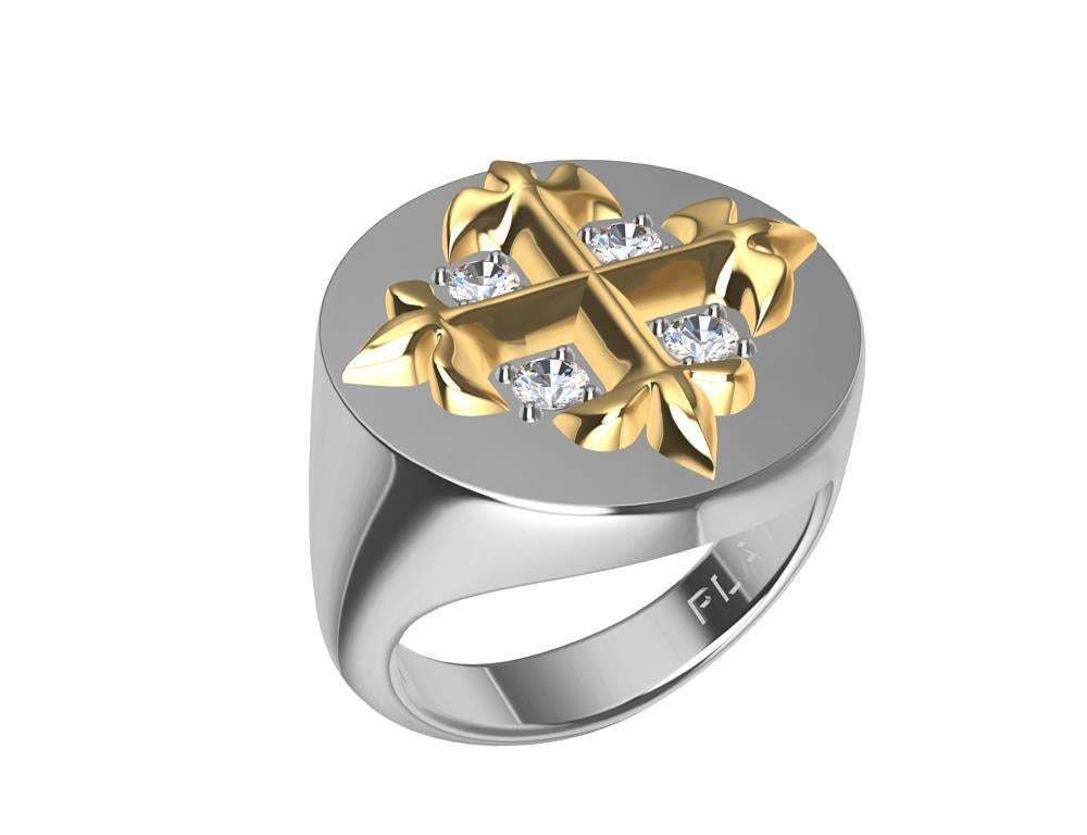 For Sale:  Platinum and 18 Karat Yellow Gold Fleur-di-Lis GIA Diamonds Cross Signet Ring 6