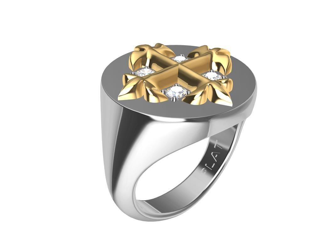 For Sale:  Platinum and 18 Karat Yellow Gold Fleur-di-Lis GIA Diamonds Cross Signet Ring 7