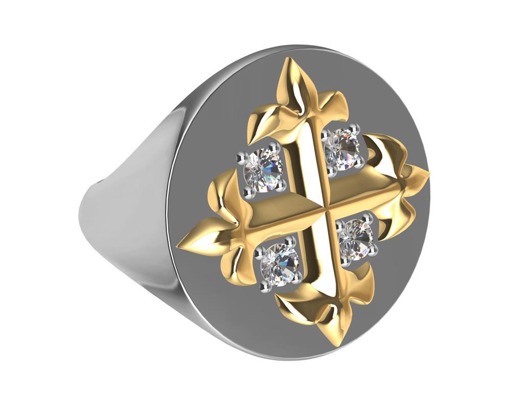 For Sale:  Platinum and 18 Karat Yellow Gold Fleur-di-Lis  Diamonds Cross Signet Ring 8