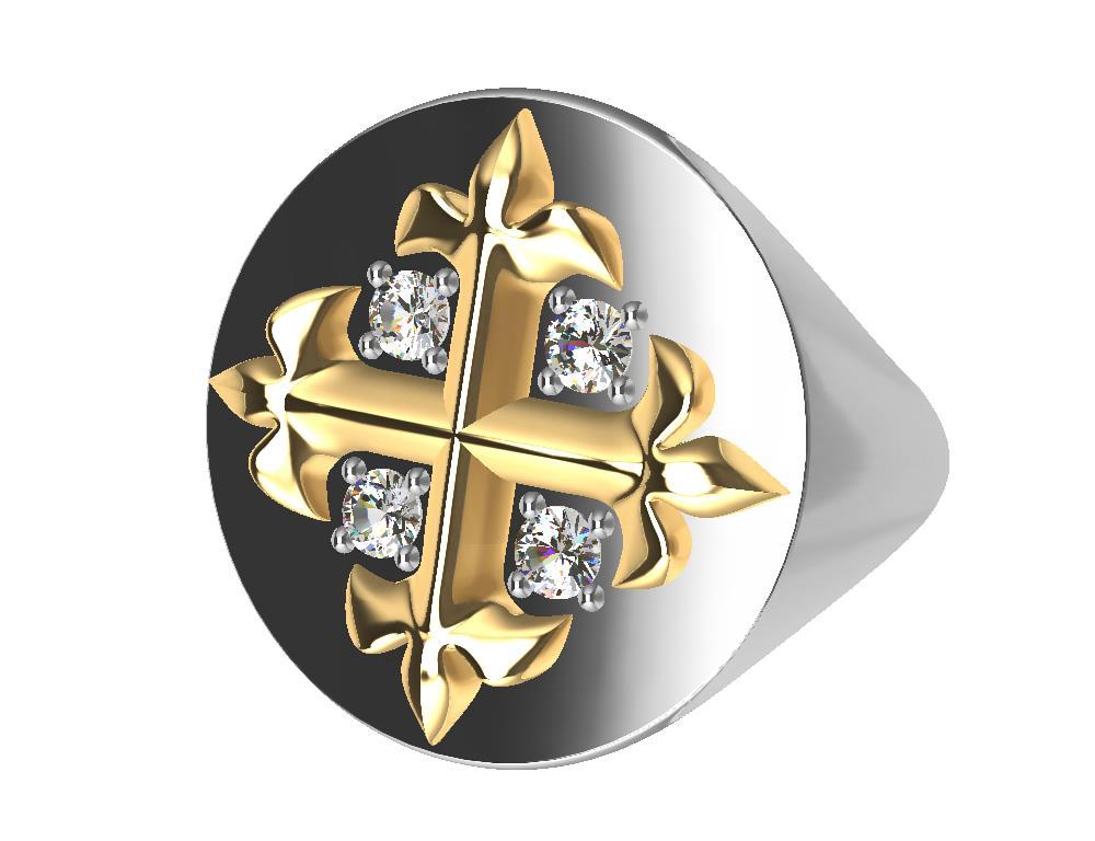 For Sale:  Platinum and 18 Karat Yellow Gold Fleur-di-Lis GIA Diamonds Cross Signet Ring 9