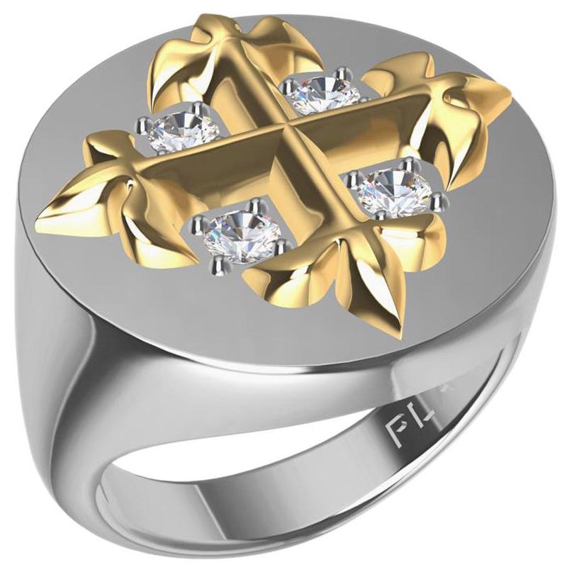 Platinum and 18 Karat Yellow Gold Fleur-di-Lis GIA Diamonds Cross Signet Ring