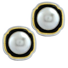 Platinum and 18 Karat Yellow Gold Mabe Pearl Earrings