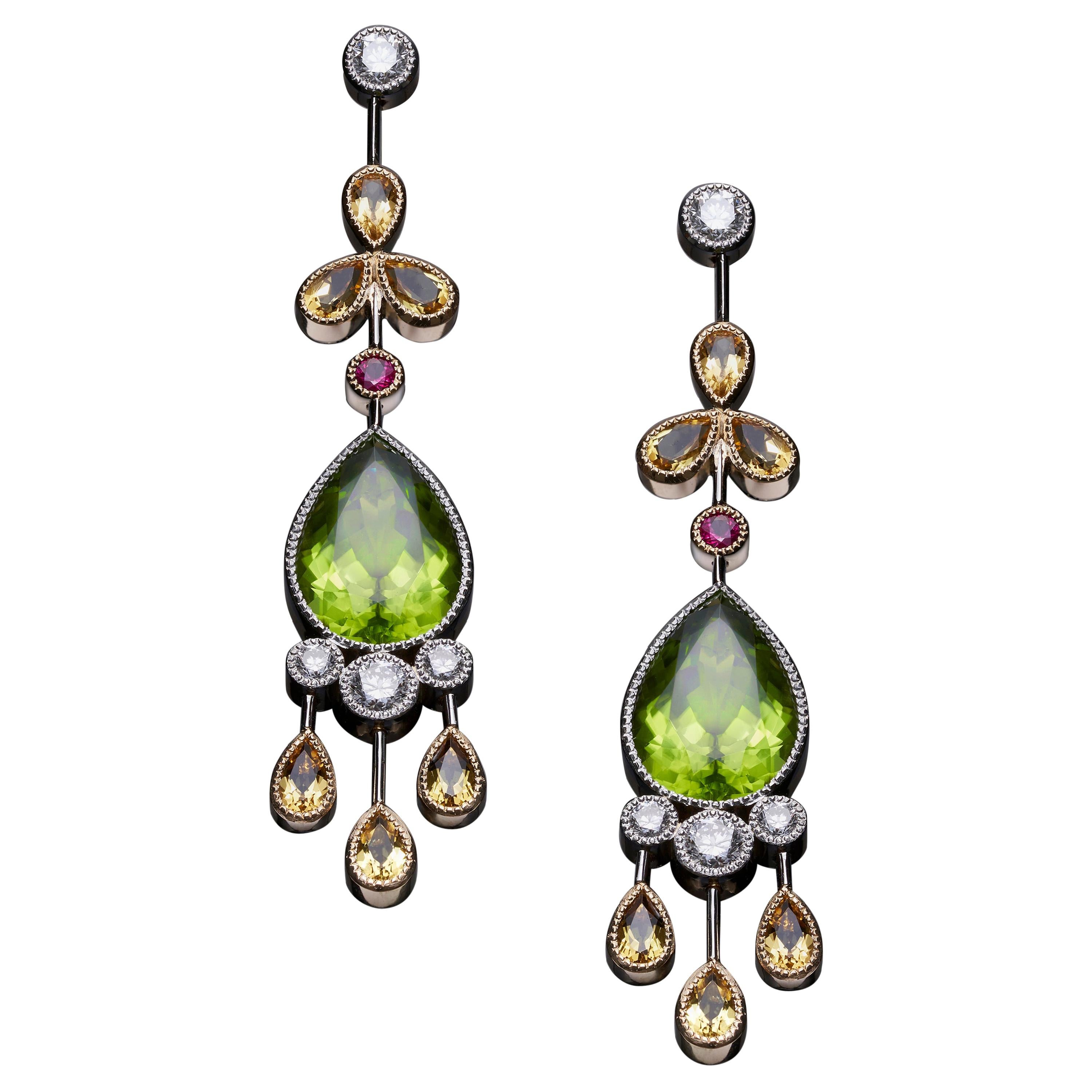 Platinum and 18 Karat Yellow Gold Multicolored Gemstone Chandelier Earrings For Sale
