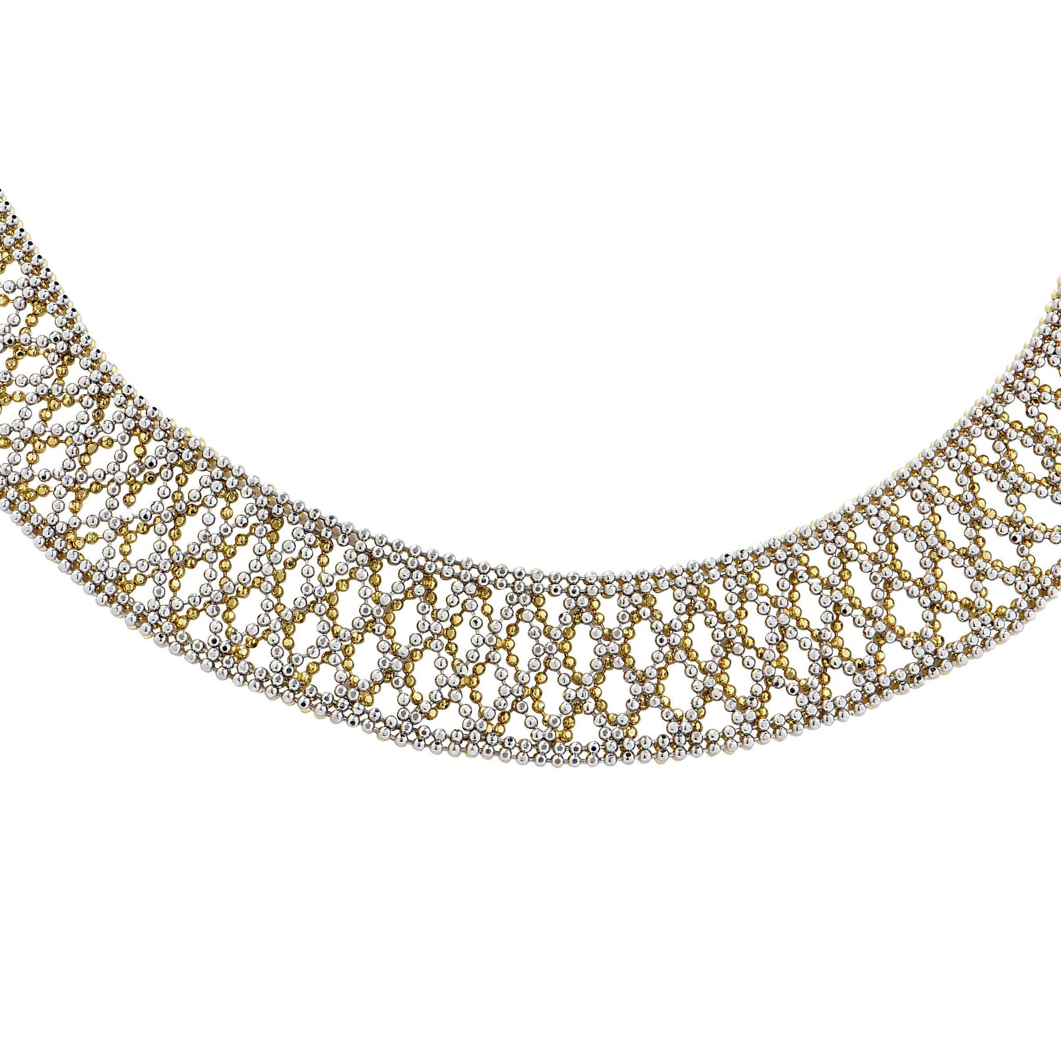 Modern Platinum and 18 Karat Yellow Gold Open Lattice Bead Work Necklace For Sale