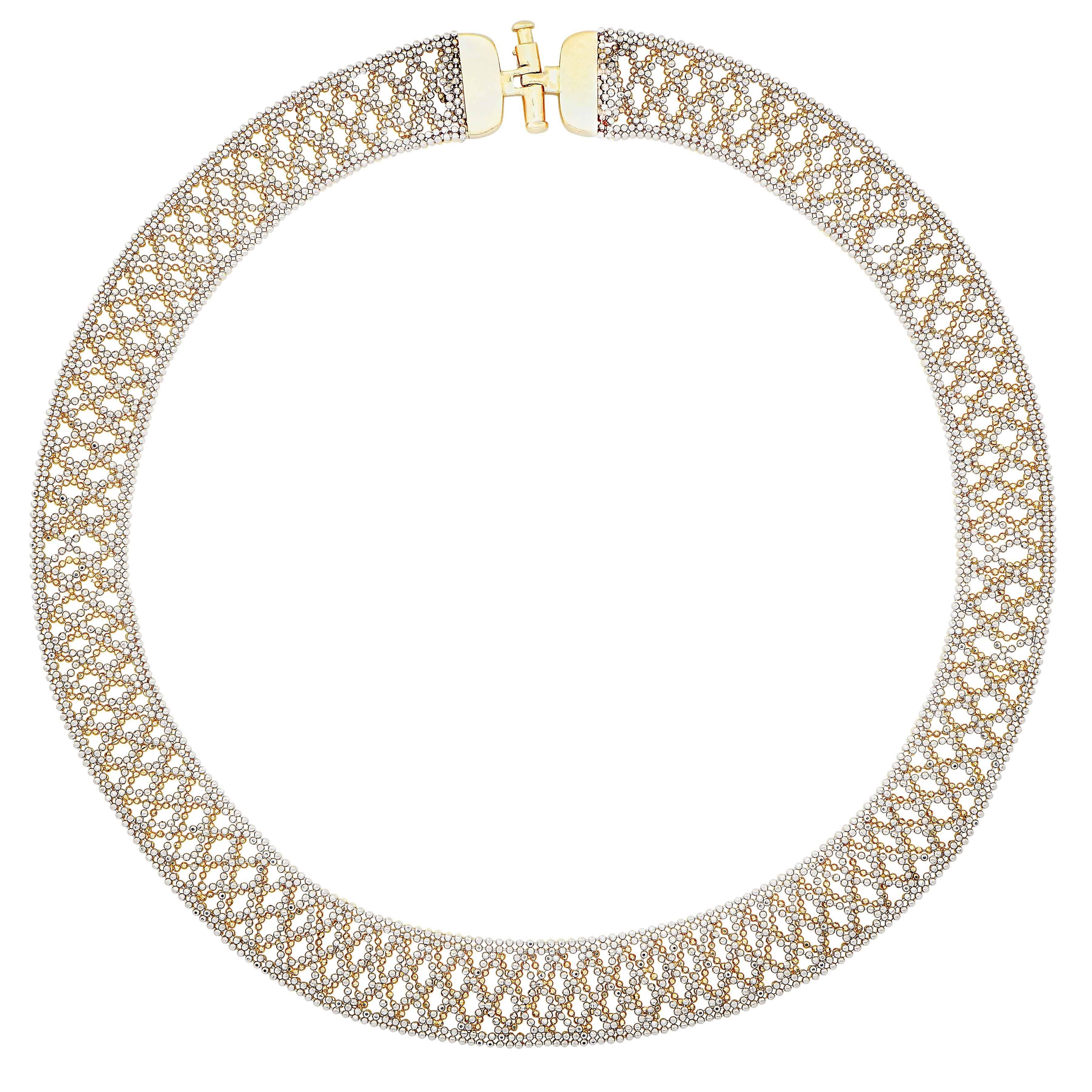 Platinum and 18 Karat Yellow Gold Open Lattice Bead Work Necklace For Sale