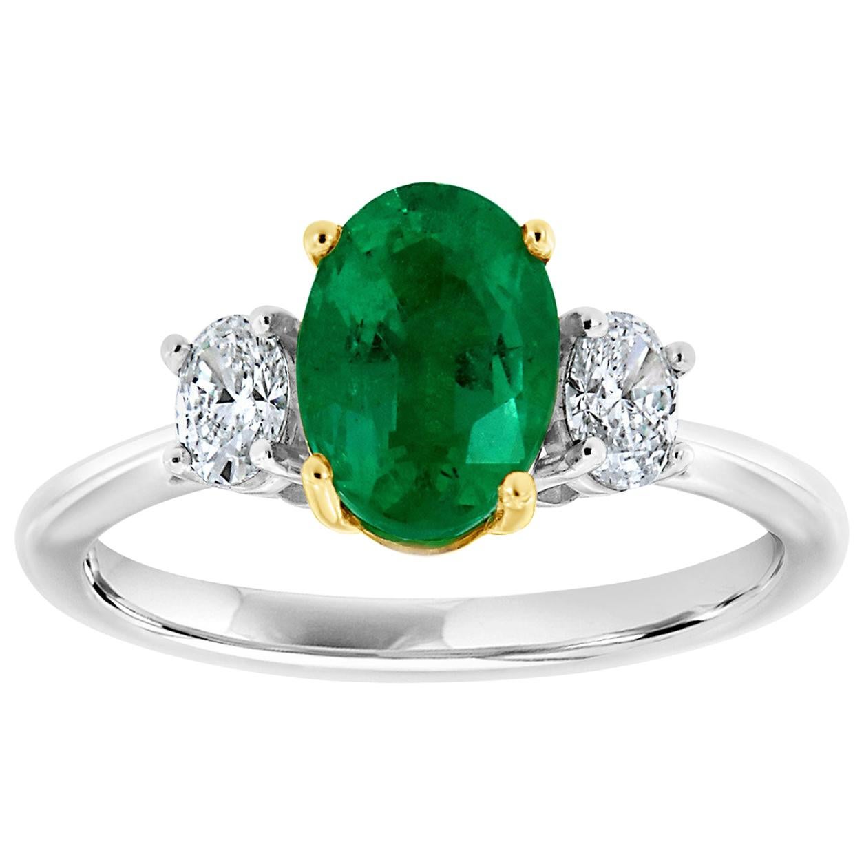 GIA Certified 1.86 Carat Oval Green Emerald Platinum & 18k YG Gold Diamond Ring  For Sale