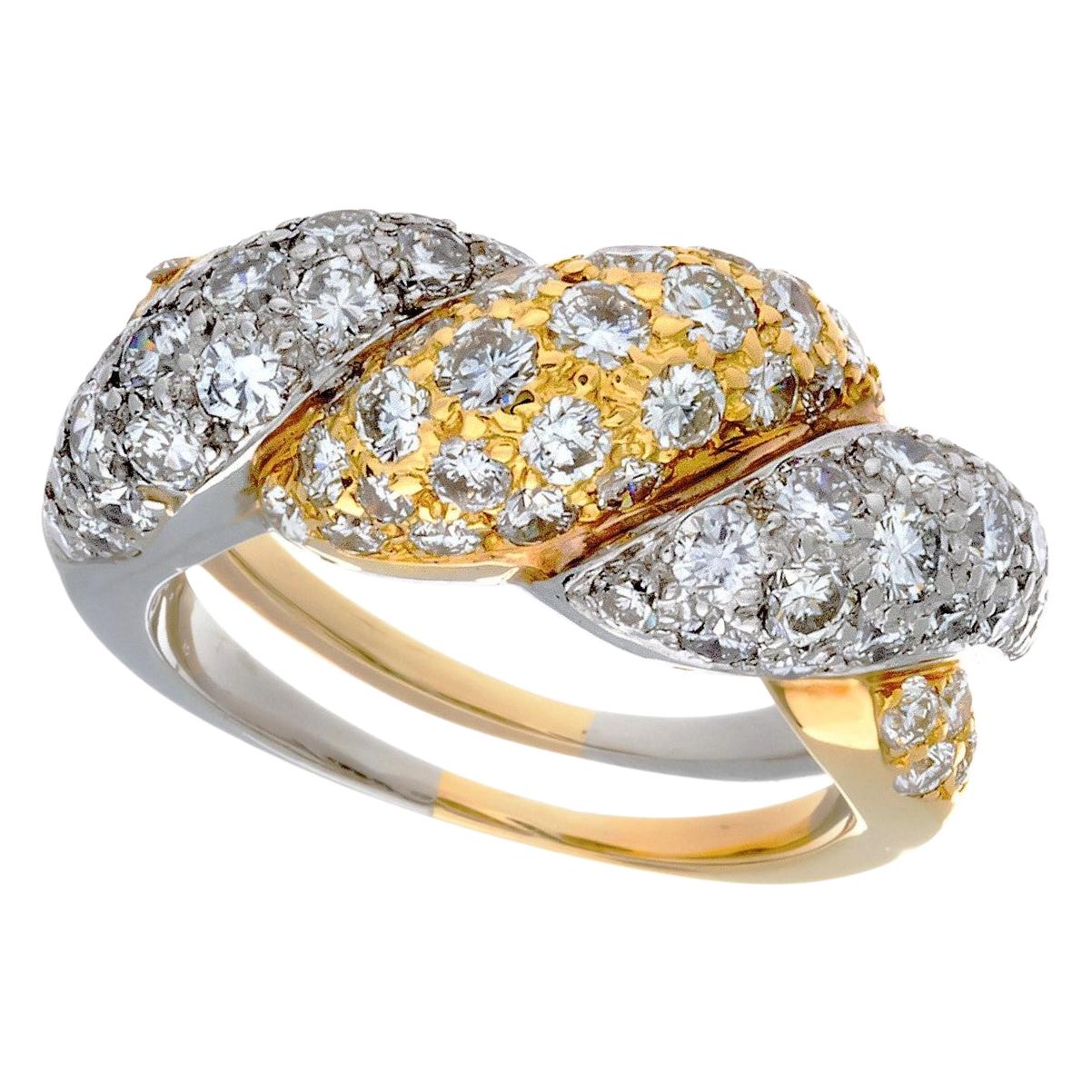 Platinum and 18 Karat Yellow Gold Pavé Diamond Woven Dome Ring For Sale