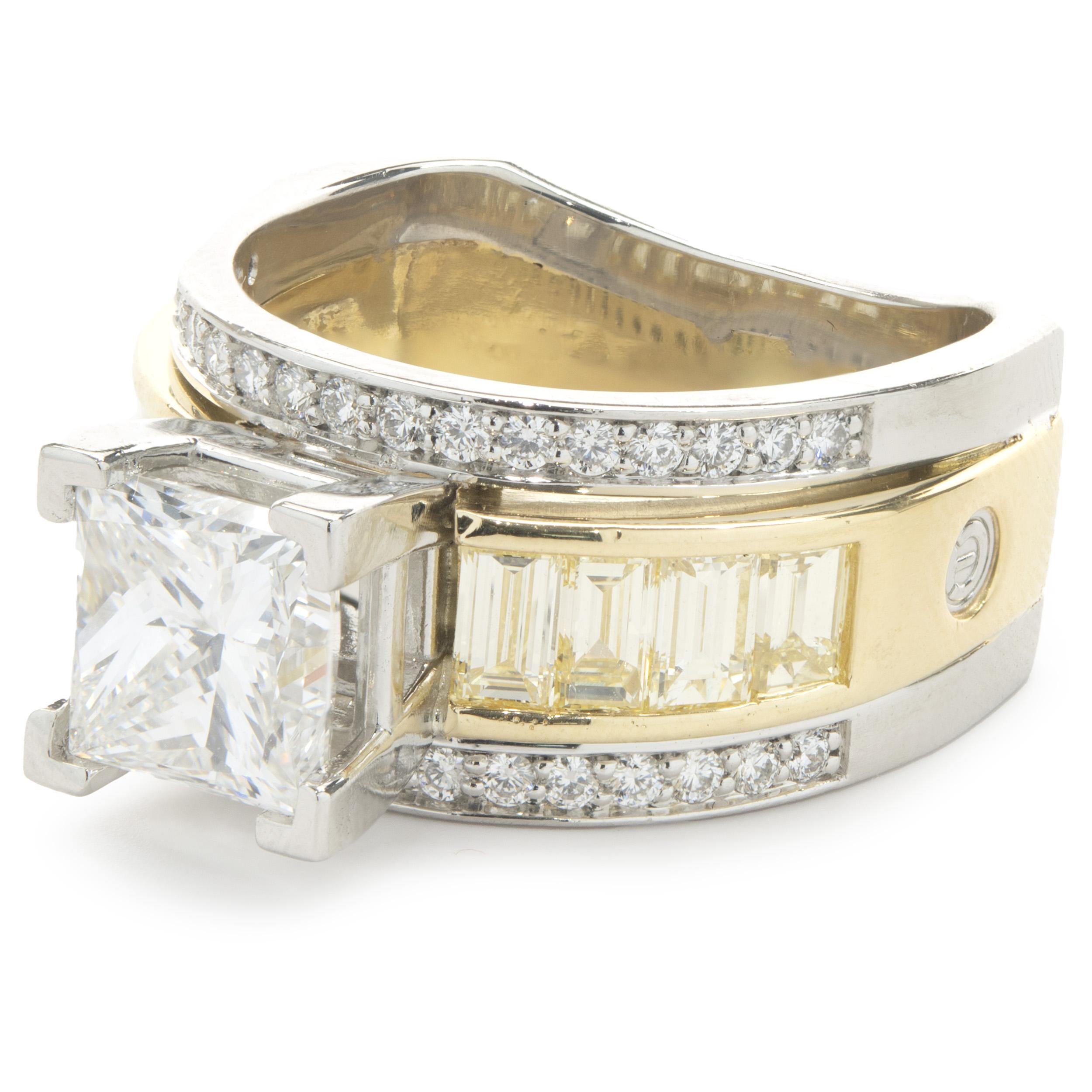 Platinum and 18 Karat Yellow Gold Princess Cut Diamond Engagement Ring In Excellent Condition For Sale In Scottsdale, AZ