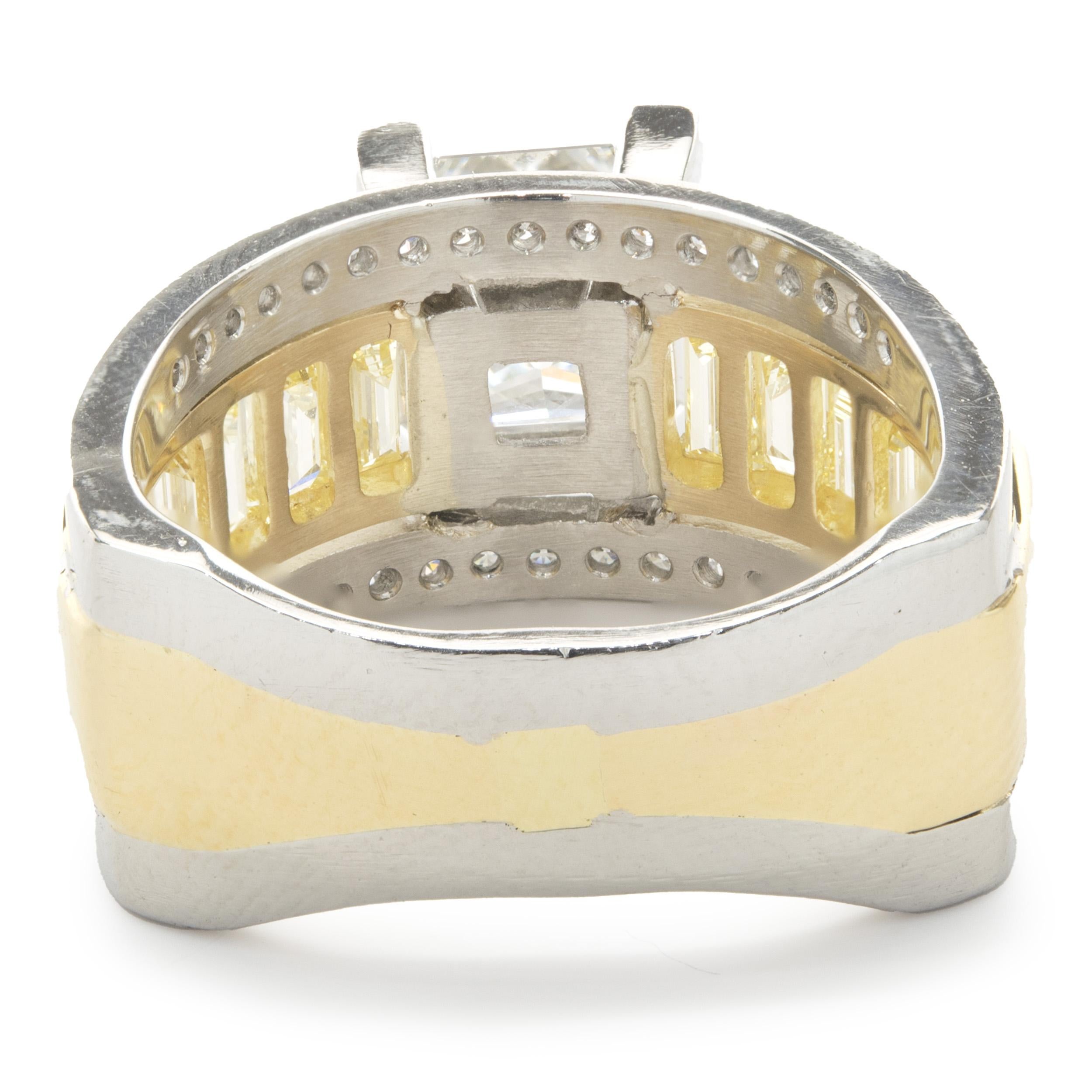 Women's Platinum and 18 Karat Yellow Gold Princess Cut Diamond Engagement Ring For Sale