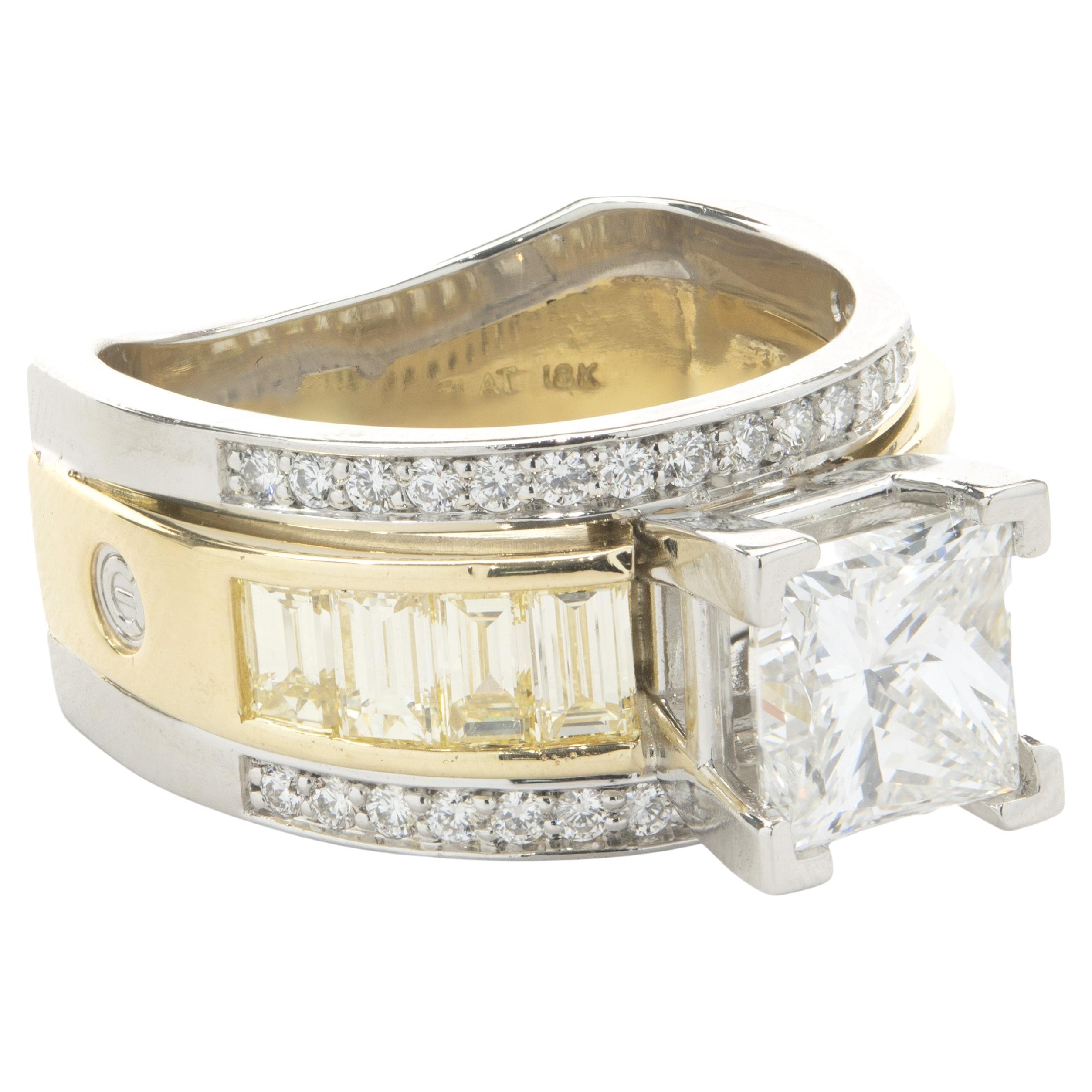 Platinum and 18 Karat Yellow Gold Princess Cut Diamond Engagement Ring For Sale