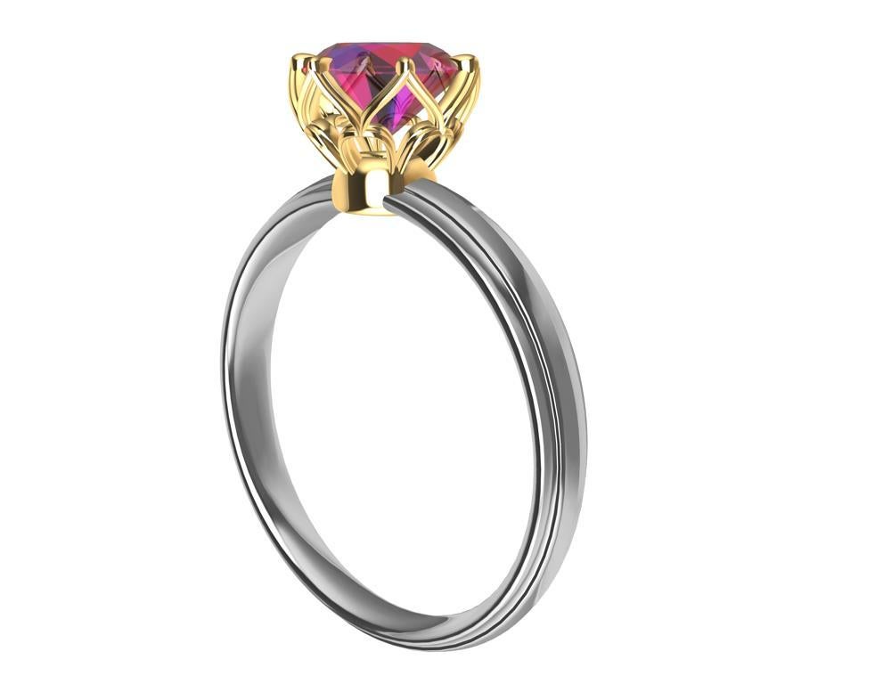 Platinum and 18Karat Yellow Gold Ruby Ring, This vintage inspired Arabesque setting comes from my sculpture days and the simple geometrics of the Middle East. Six simple 18k yellow prongs create an elegant set of archs for the setting. Due to the