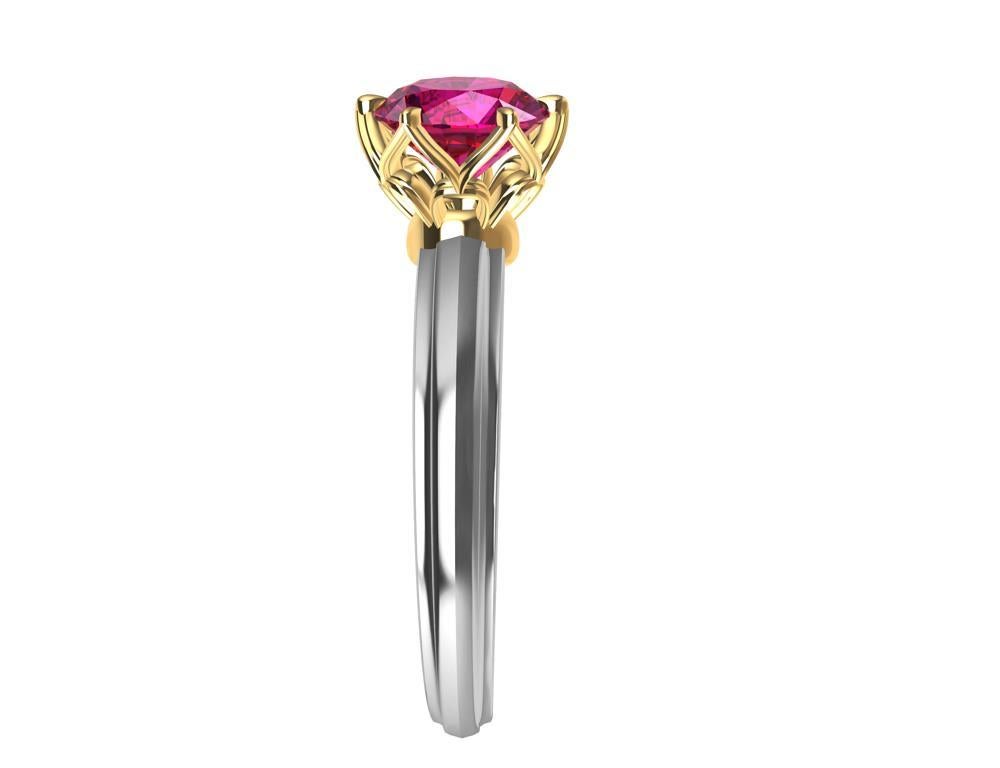 Contemporary Platinum and 18 Karat Yellow Gold 1.55 Carat Ruby Arabesque Ring For Sale
