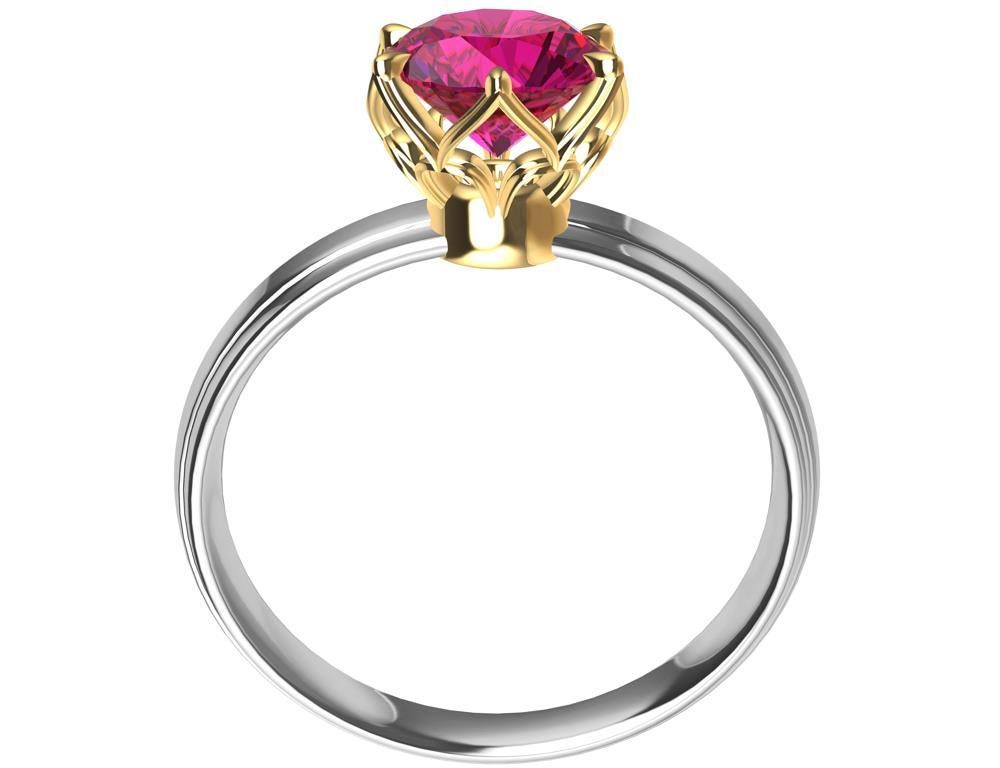 Round Cut Platinum and 18 Karat Yellow Gold 1.55 Carat Ruby Arabesque Ring For Sale