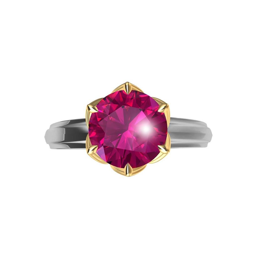 Platinum and 18 Karat Yellow Gold 1.55 Carat Ruby Arabesque Ring For Sale