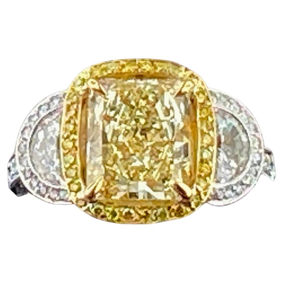 Platinum and 18 KT Yellow Gold 3.74 Ct Radiant Cut Fancy Yellow Diamond Ring For Sale