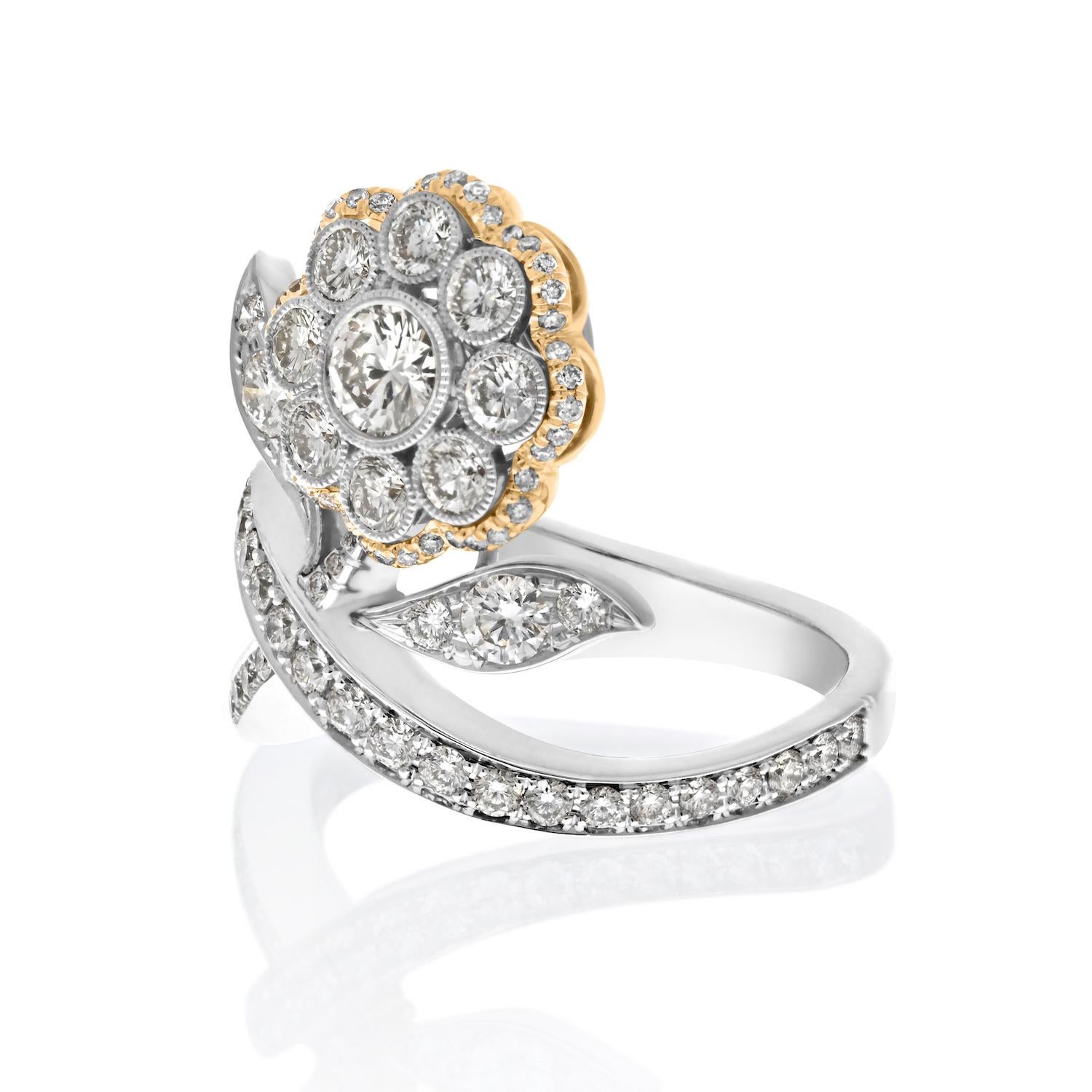 Modern Platinum And 18K Gold 2.05cttw Round Cut Diamond Flower Cocktail Ring For Sale