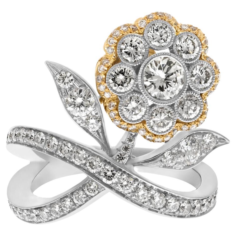 Platinum And 18K Gold 2.05cttw Round Cut Diamond Flower Cocktail Ring For Sale