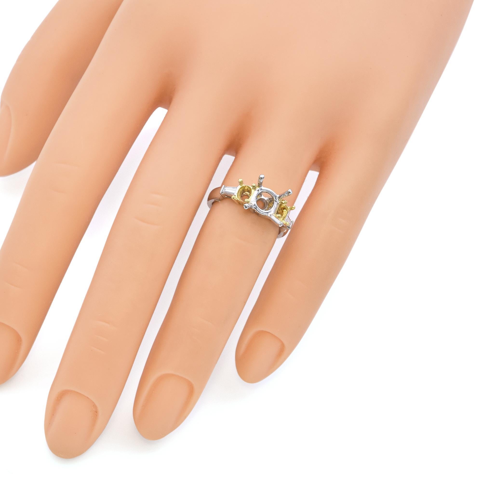 Baguette Cut Platinum And 18K Gold 3-Stone Diamond Semi Mount Ring For Sale