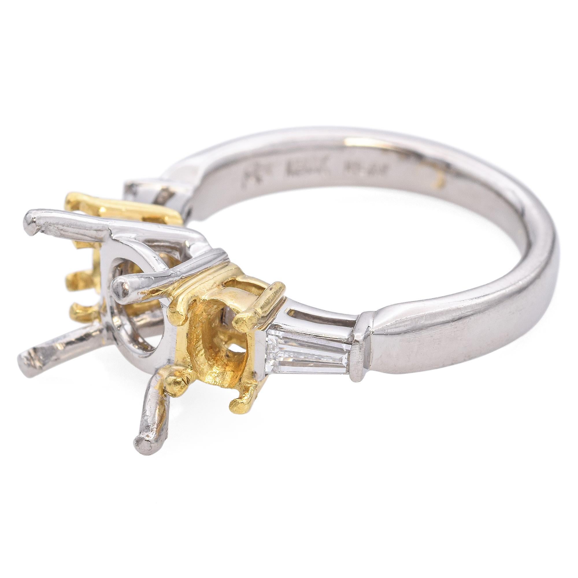 Platinum And 18K Gold 3-Stone Diamond Semi Mount Ring In Good Condition For Sale In New York, NY