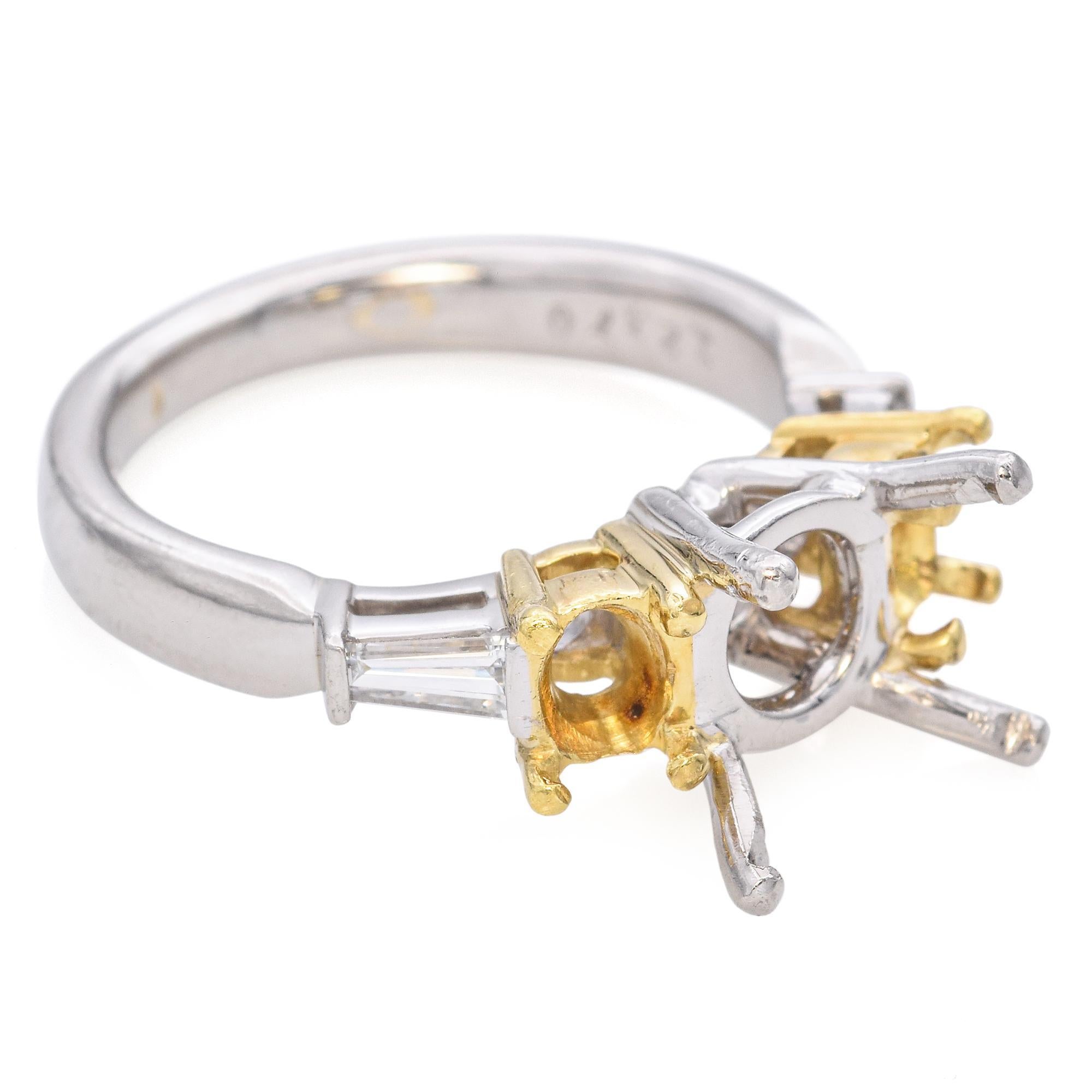 Platinum And 18K Gold 3-Stone Diamond Semi Mount Ring For Sale 1