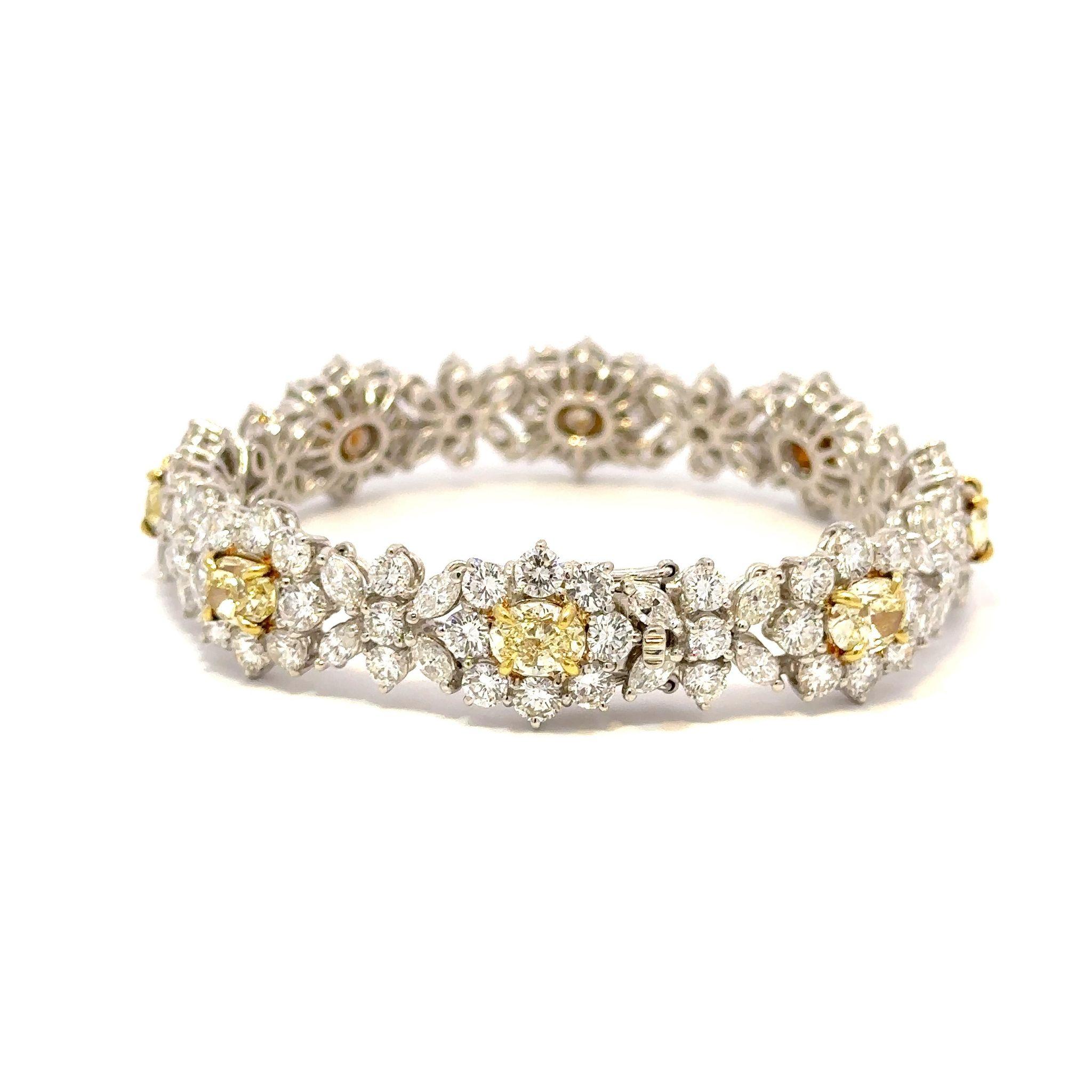 24,89 Ct. Platinarmband mit gelben und weißen Fancy-Diamanten im Zustand „Hervorragend“ im Angebot in Houston, TX