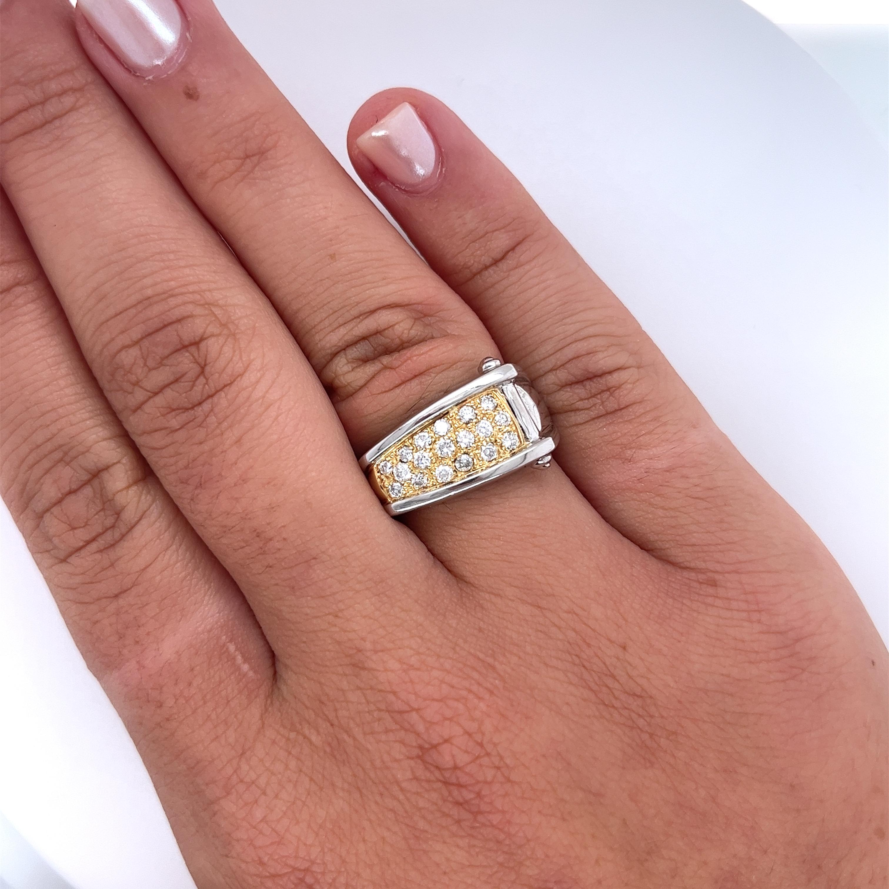Natural round-cut diamond cluster in two-toned 18k yellow gold and platinum. Featuring an ascending ring face and smooth ends that sit beautifully on the finger. Ideal as a men's pinky ring or ladies statement ring.

The diamonds are all eye-clean