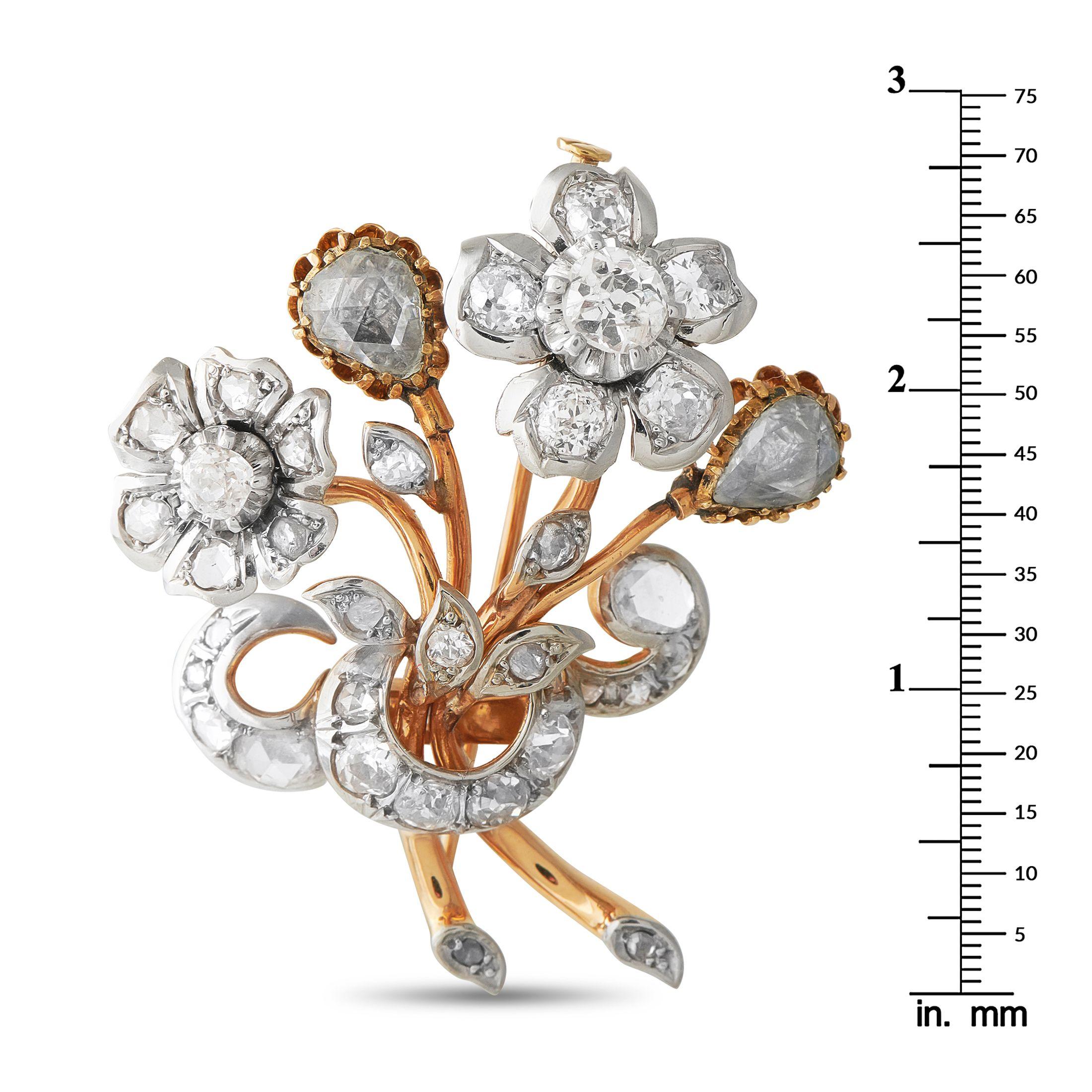 Broche fleur édouardienne en platine et or rose 18 carats 4,52 ct de diamant MF02-070725 Excellent état - En vente à Southampton, PA