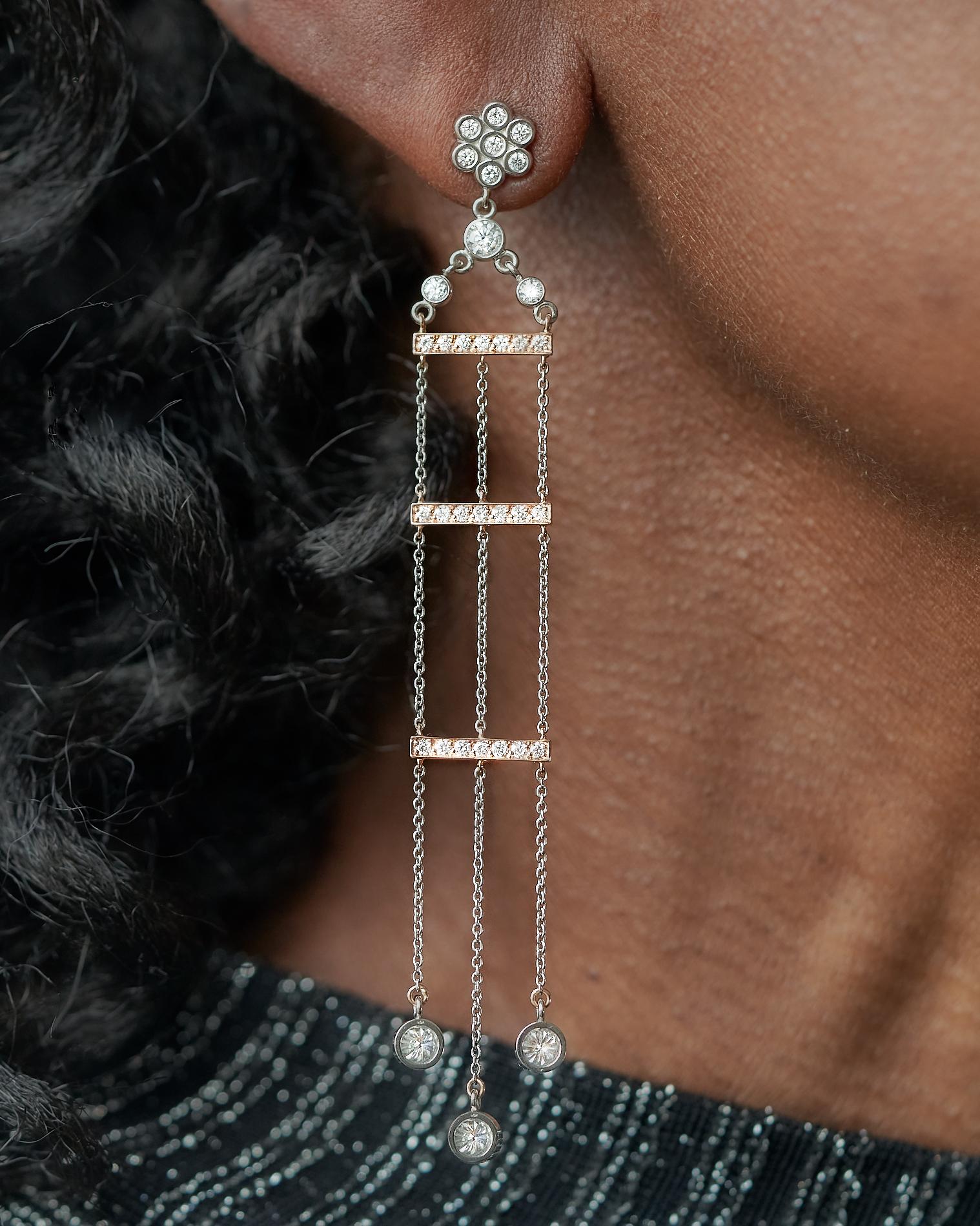 Contemporary Wendy Brandes Diamond Chandelier Earrings in Platinum and 18K Rose Gold For Sale