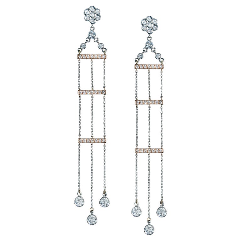 Wendy Brandes Platinum and 18K Rose Gold Diamond Chandelier Earrings For Sale