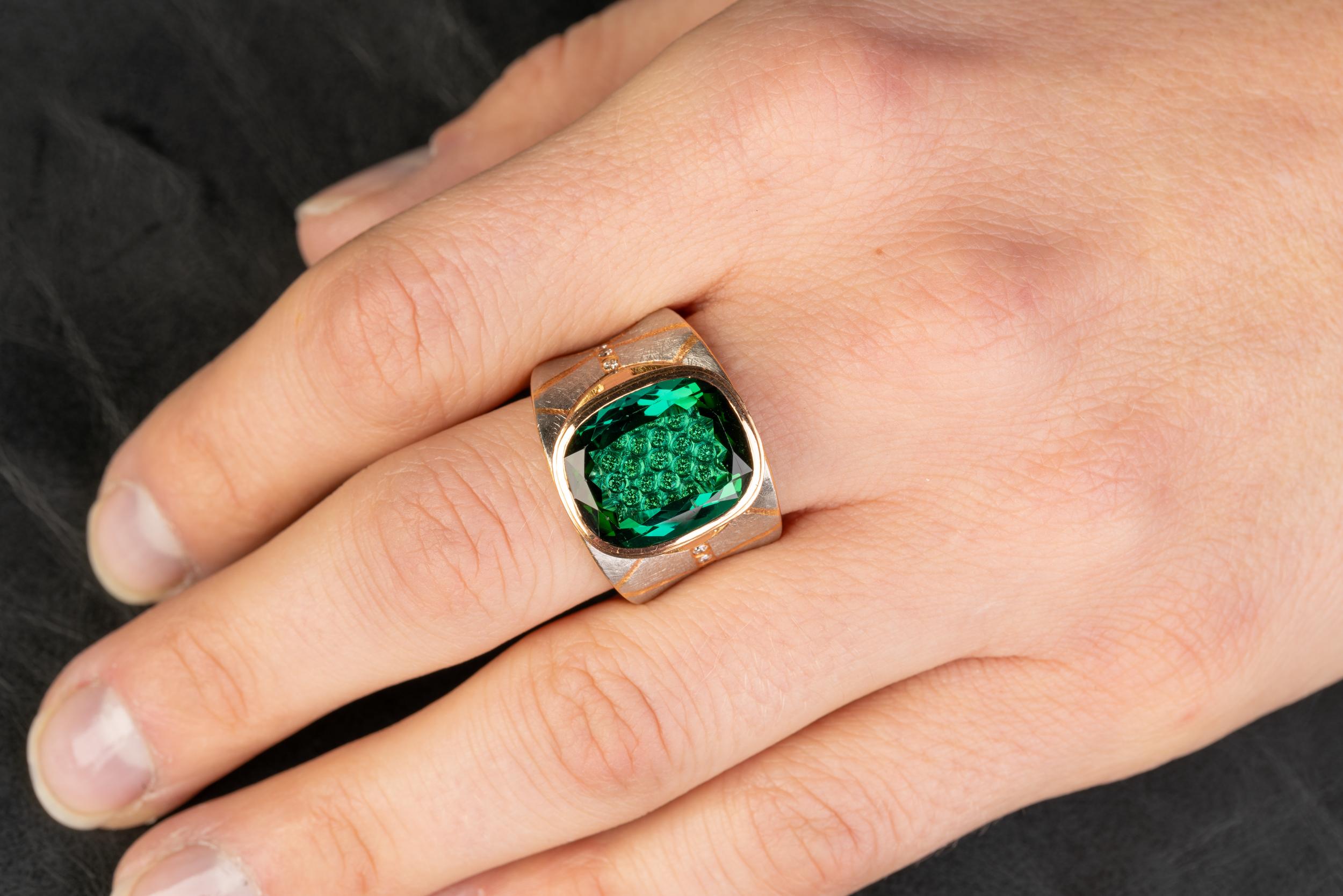Platinum and 18 Karat Rose Gold Lens Cut Green Tourmaline Ring with Diamonds In New Condition In Greenville, SC