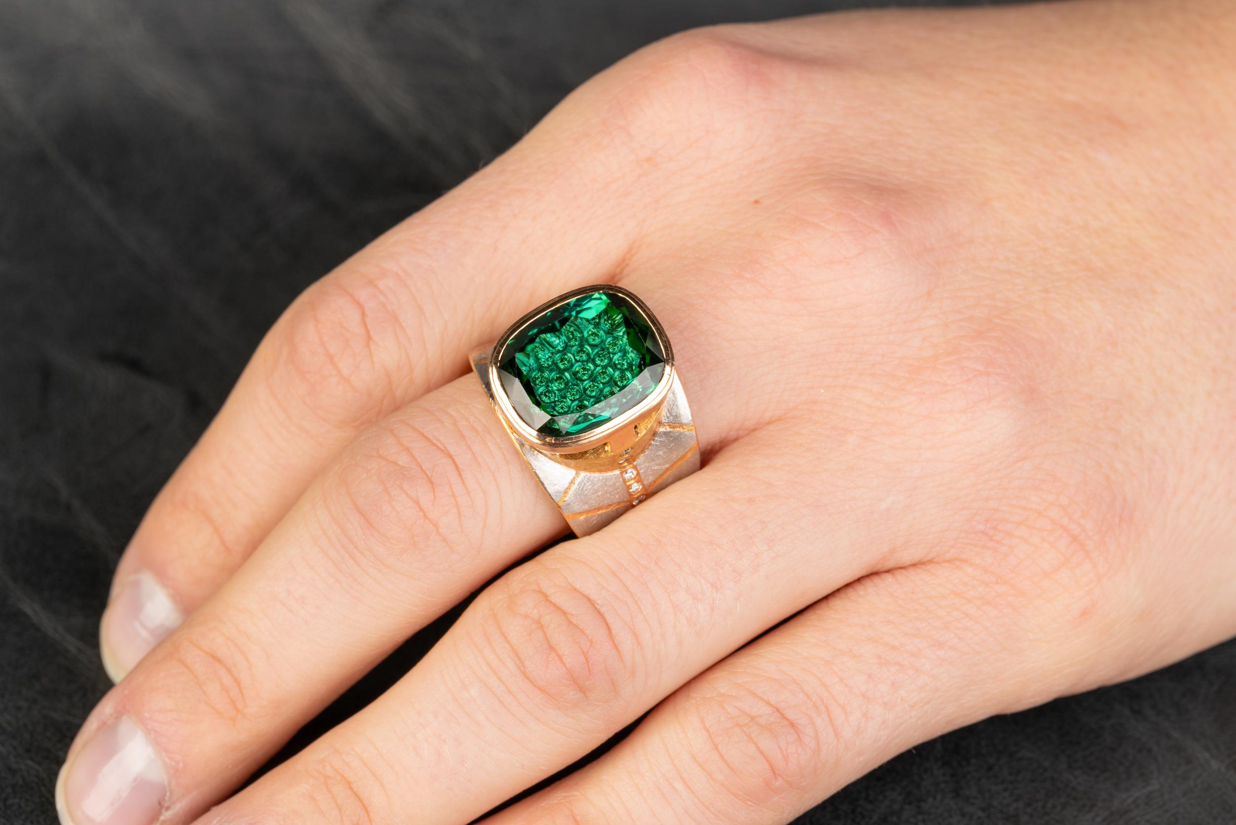 Women's Platinum and 18 Karat Rose Gold Lens Cut Green Tourmaline Ring with Diamonds
