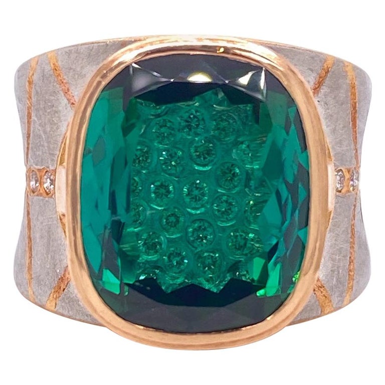 Platinum and 18 Karat Rose Gold Lens Cut Green Tourmaline Ring with Diamonds For Sale