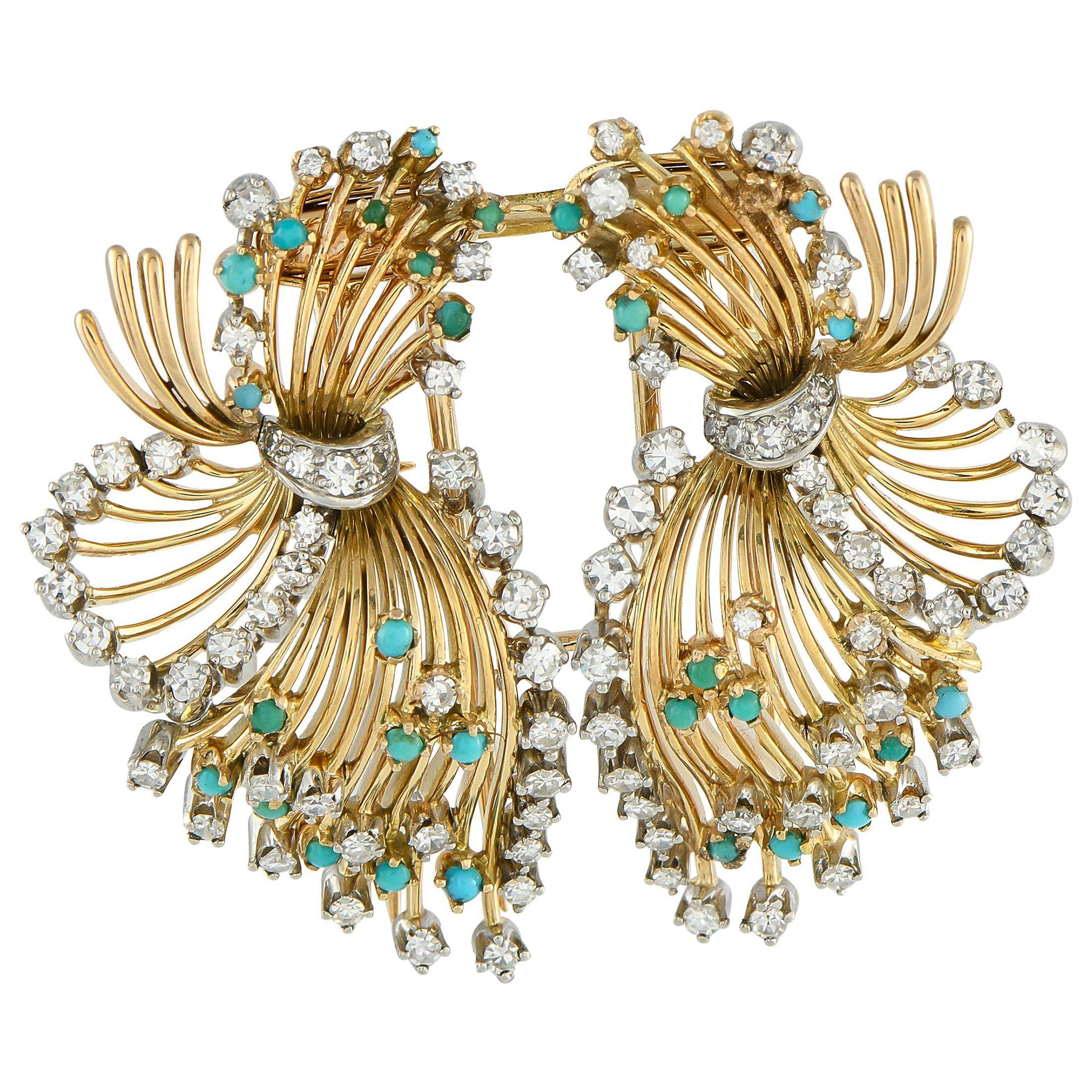 Spilla in platino e oro giallo 18 carati con diamante e turchese da 1,45 carati