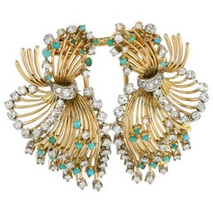 Platinum and 18K Yellow Gold 1.45ct Diamond and Turquoise Brooch