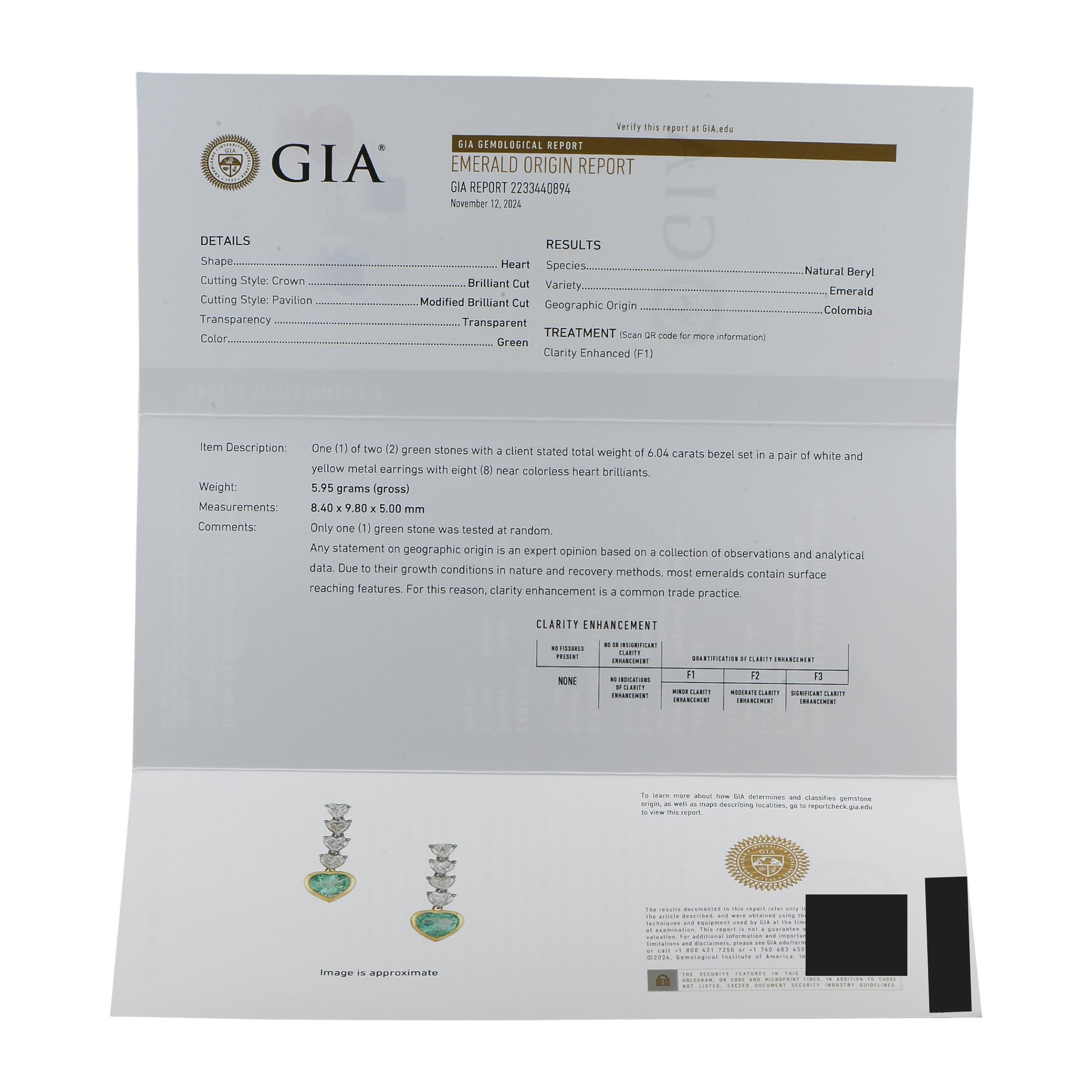 Taille cœur Pendants d'oreilles en platine et or jaune 18 carats avec diamants de 3,28 carats et émeraudes en vente