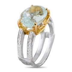Anello da cocktail in platino e oro giallo 18 carati con acquamarina da 5,95 carati MF06-063026