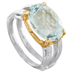Anello da cocktail in platino e oro giallo 18 carati con acquamarina da 5,95 carati MF06-063026