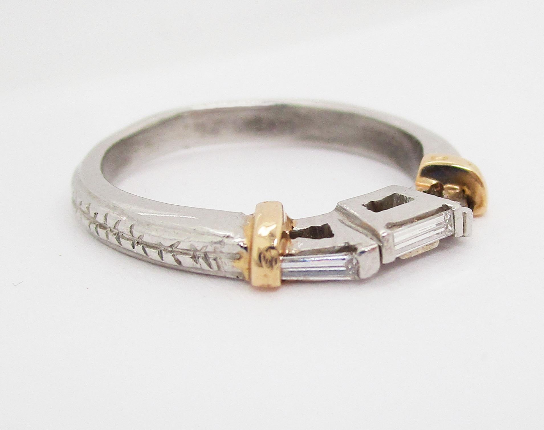 Contemporary Platinum and 18 Karat Yellow Gold Baguette Diamond Wedding Band