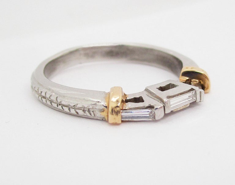 Contemporary Platinum and 18 Karat Yellow Gold Baguette Diamond Wedding Band For Sale