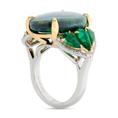 Platinum and 18K Yellow Gold Black Opal, Emerald and Diamond Ring