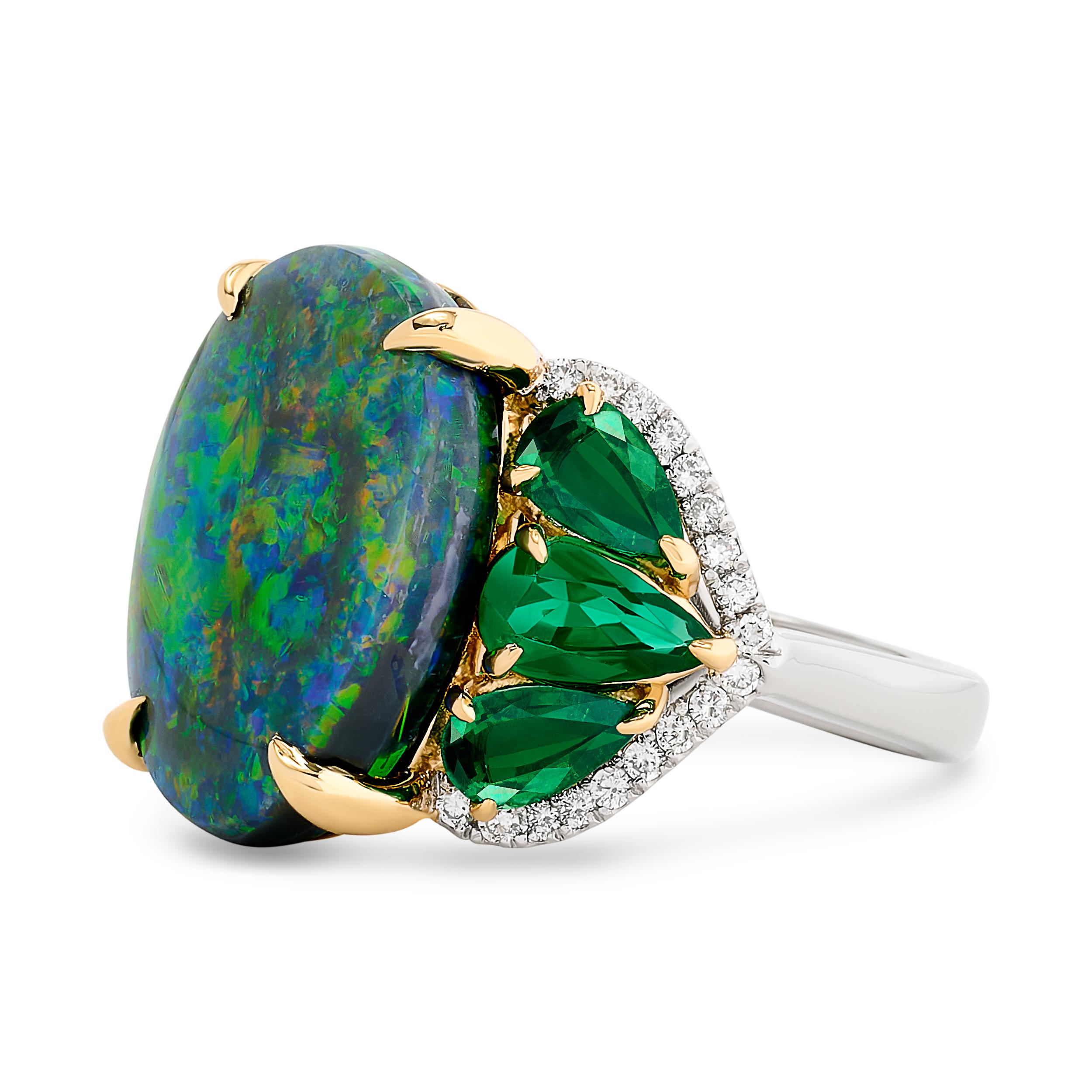 Oval Cut Platinum and 18K Yellow Gold Black Opal, Emerald and Diamond Ring For Sale