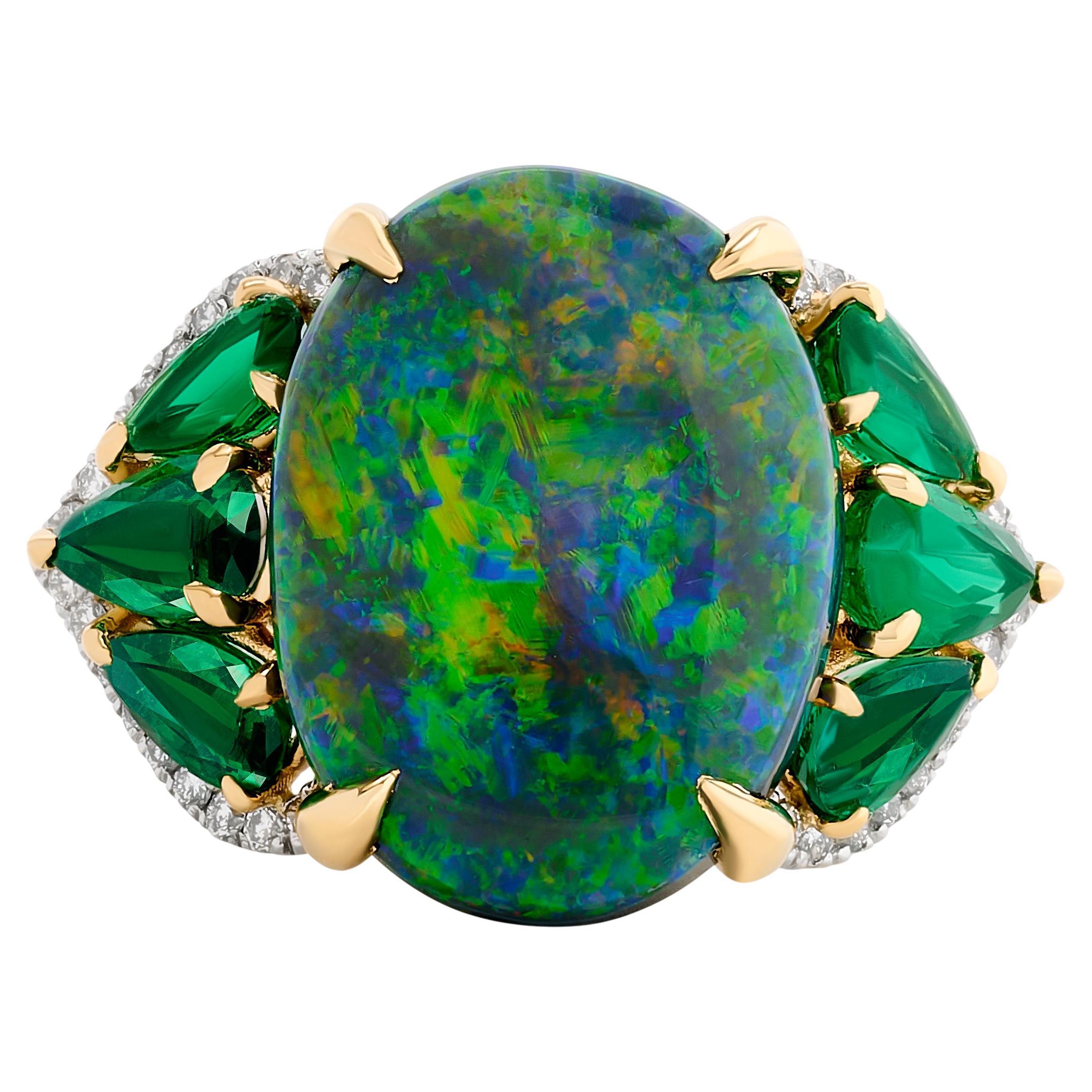 Platinum and 18K Yellow Gold Black Opal, Emerald and Diamond Ring