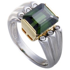 Platinum and 18 Karat Yellow Gold Diamond and Rectangle Green Tourmaline Ring
